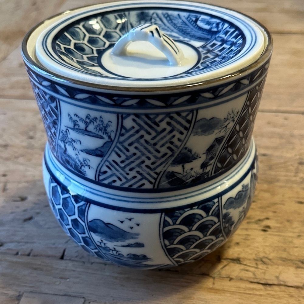 Japanese Blue & White Ceramic Mizusashi (Tea Ceremony Water Jar)